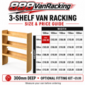 888VanRacking universal 3 shelf van racking size and price guide, 300mm deep