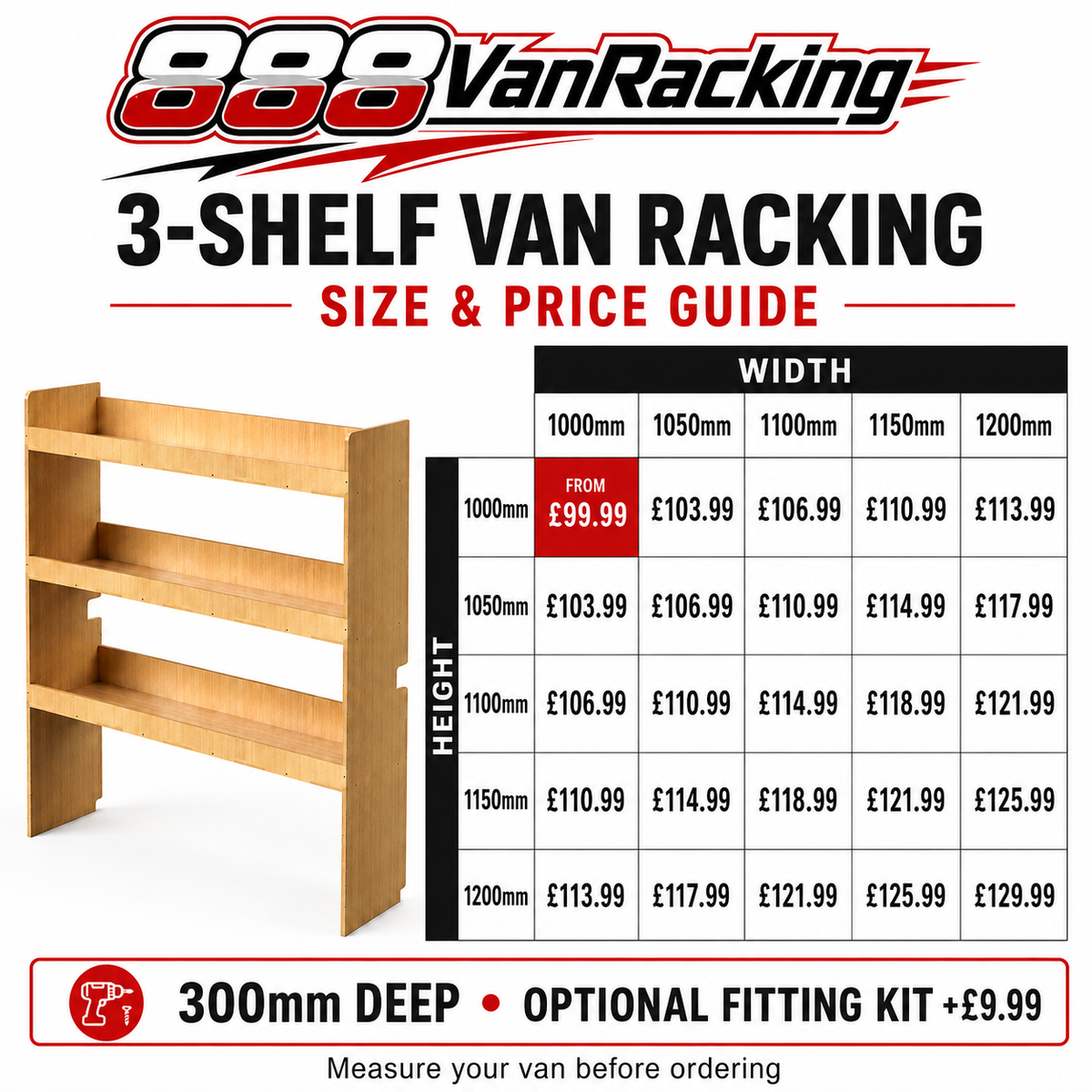 888VanRacking universal 3 shelf van racking size and price guide, 300mm deep