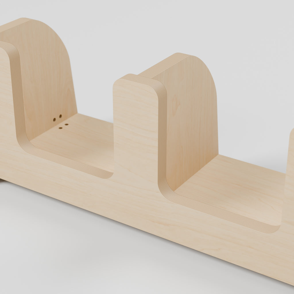 ANT Divided Campervan Shelf - Natural Plywood - 500 x 200 x 200 mm - detail view - 18 mm natural plywood - Rev C, 11 mm end-panel overhang