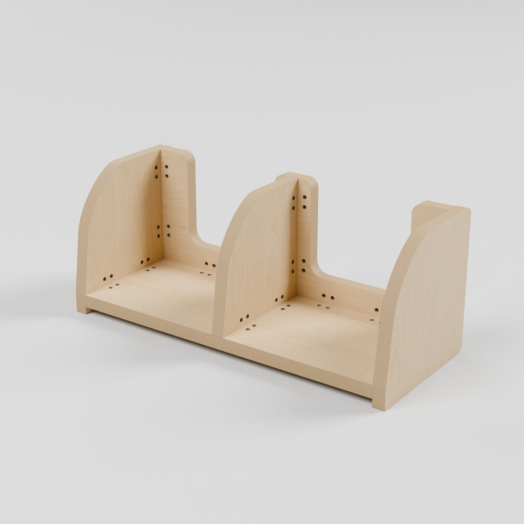 ANT Divided Campervan Shelf - Natural Plywood - 500 x 200 x 200 mm - rear view - 18 mm natural plywood - Rev C, 11 mm end-panel overhang