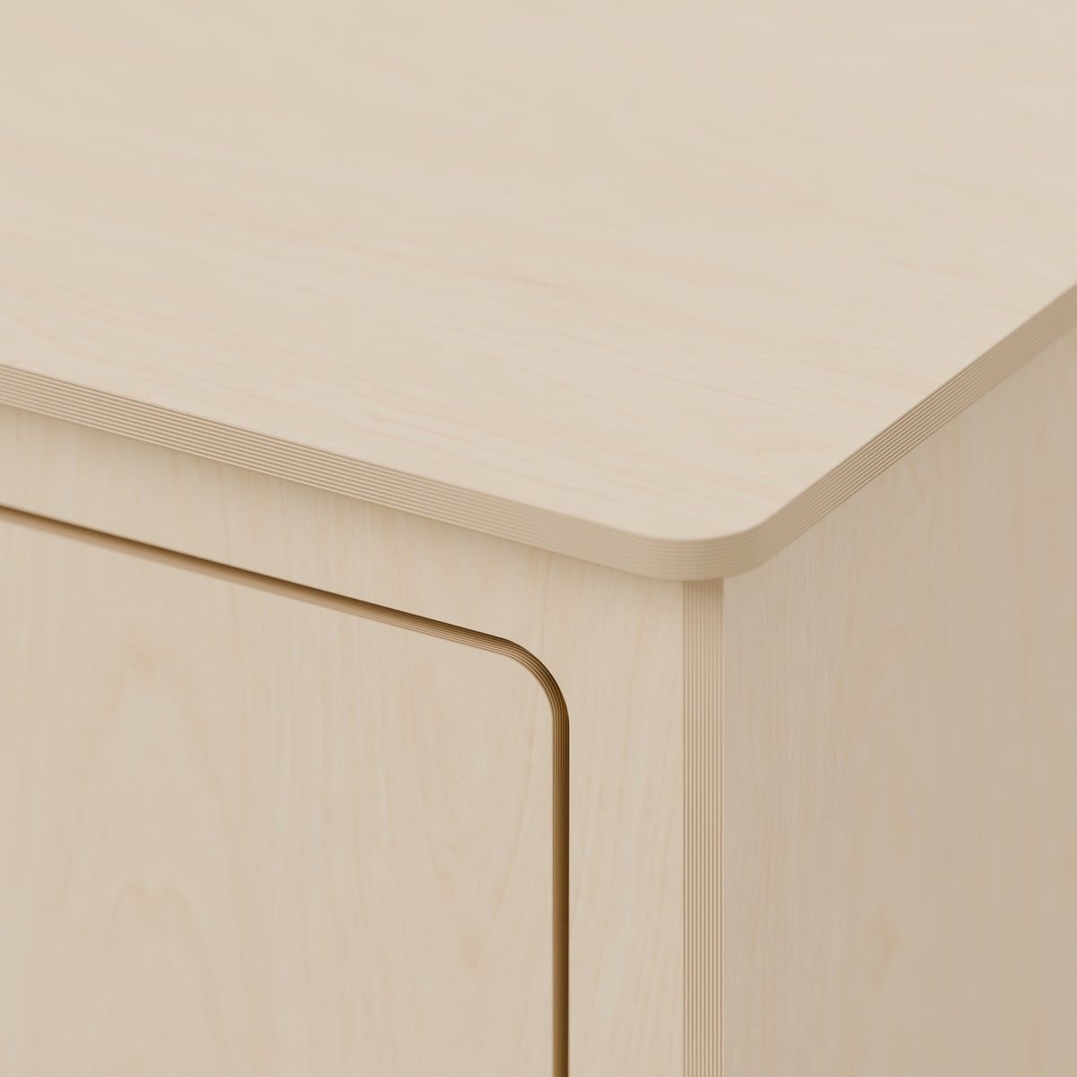 ARC over-arch campervan kitchen pod, 1000 x 400 x 750 mm, detail view, 15 mm natural plywood; rounded front worktop, 10 mm side and 20 mm front overhangs, Revision B