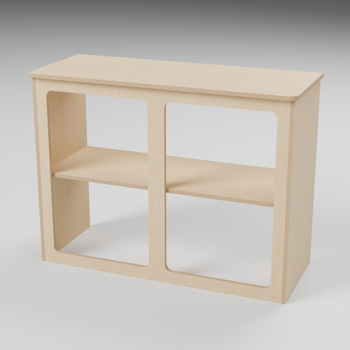 ARC over-arch campervan kitchen pod, 1000 x 400 x 750 mm, interior view, 15 mm natural plywood - doors removed to show shelf; rounded front worktop, 10 mm side and 20 mm front overhangs, Revision B