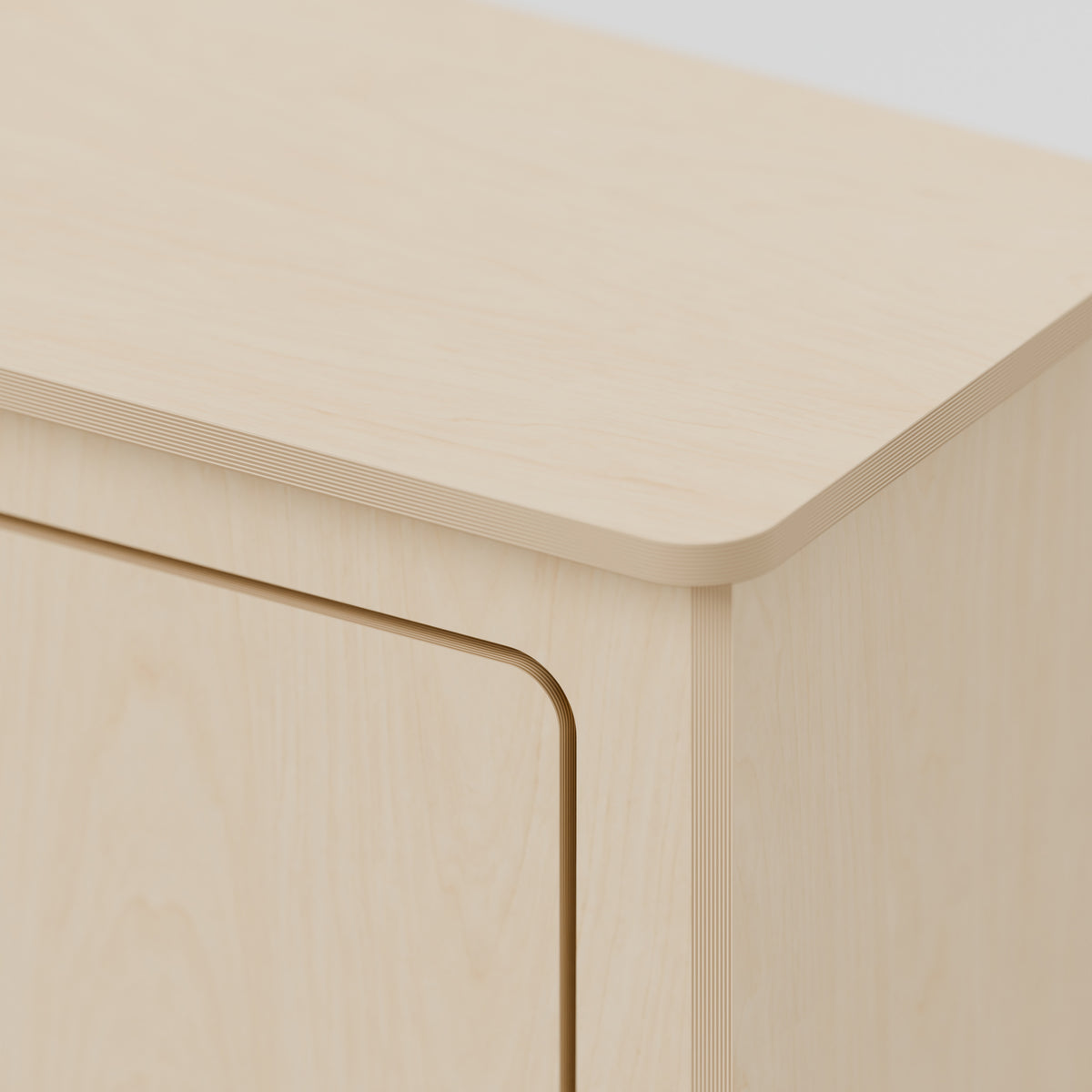 ARC over-arch campervan kitchen pod, 900 x 300 x 750 mm, detail view, 15 mm natural plywood; rounded front worktop, 10 mm side and 20 mm front overhangs, Revision B