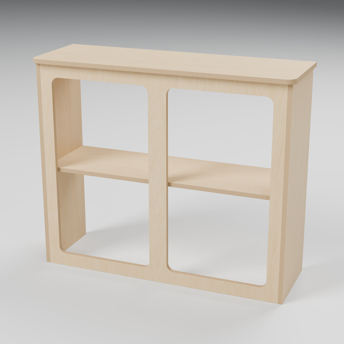 ARC over-arch campervan kitchen pod, 900 x 300 x 750 mm, interior view, 15 mm natural plywood - doors removed to show shelf; rounded front worktop, 10 mm side and 20 mm front overhangs, Revision B