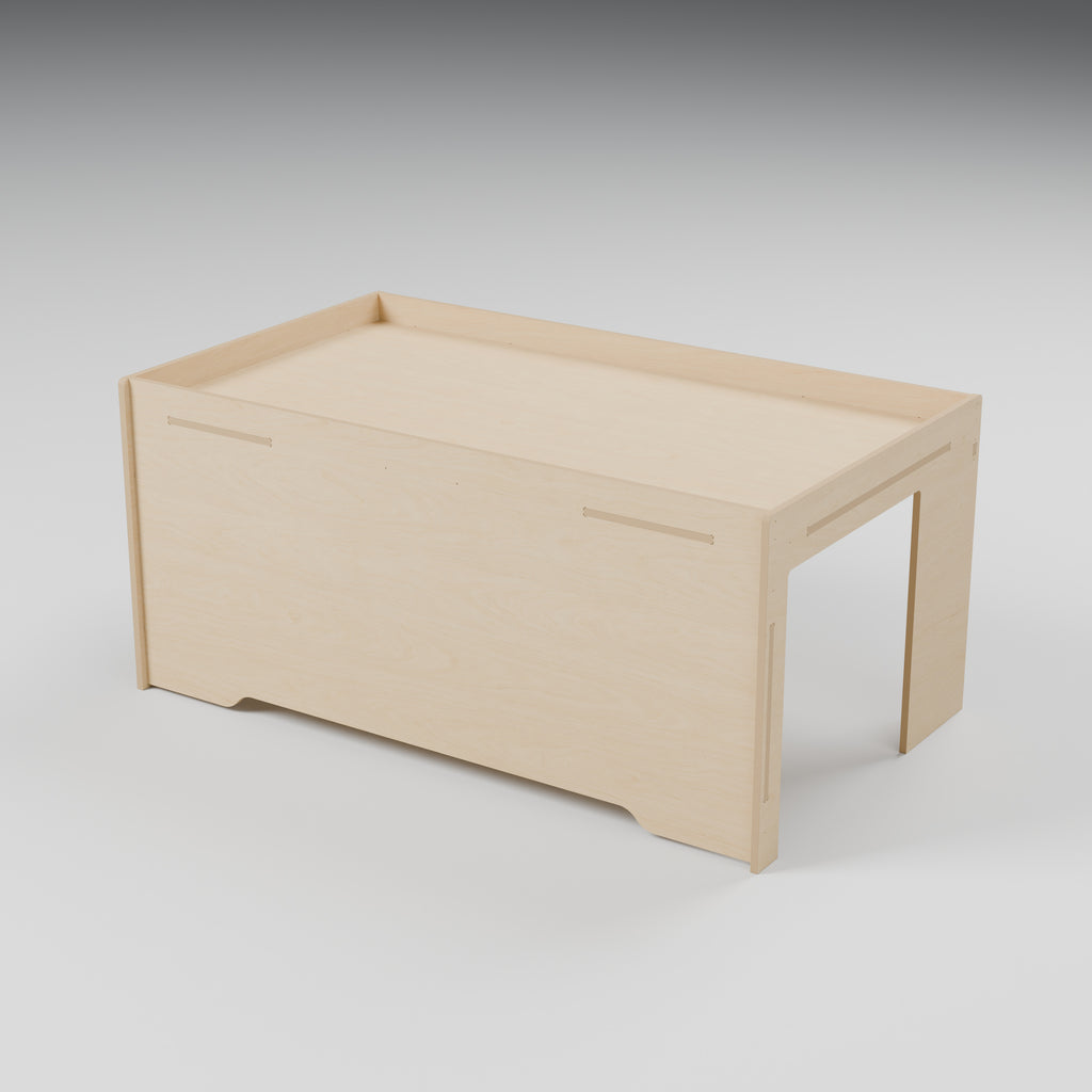Awning Box with 50 mm top tray, Revision C, solid front panel - Natural plywood awning box with solid front, original-size side arches and 50 mm top lip