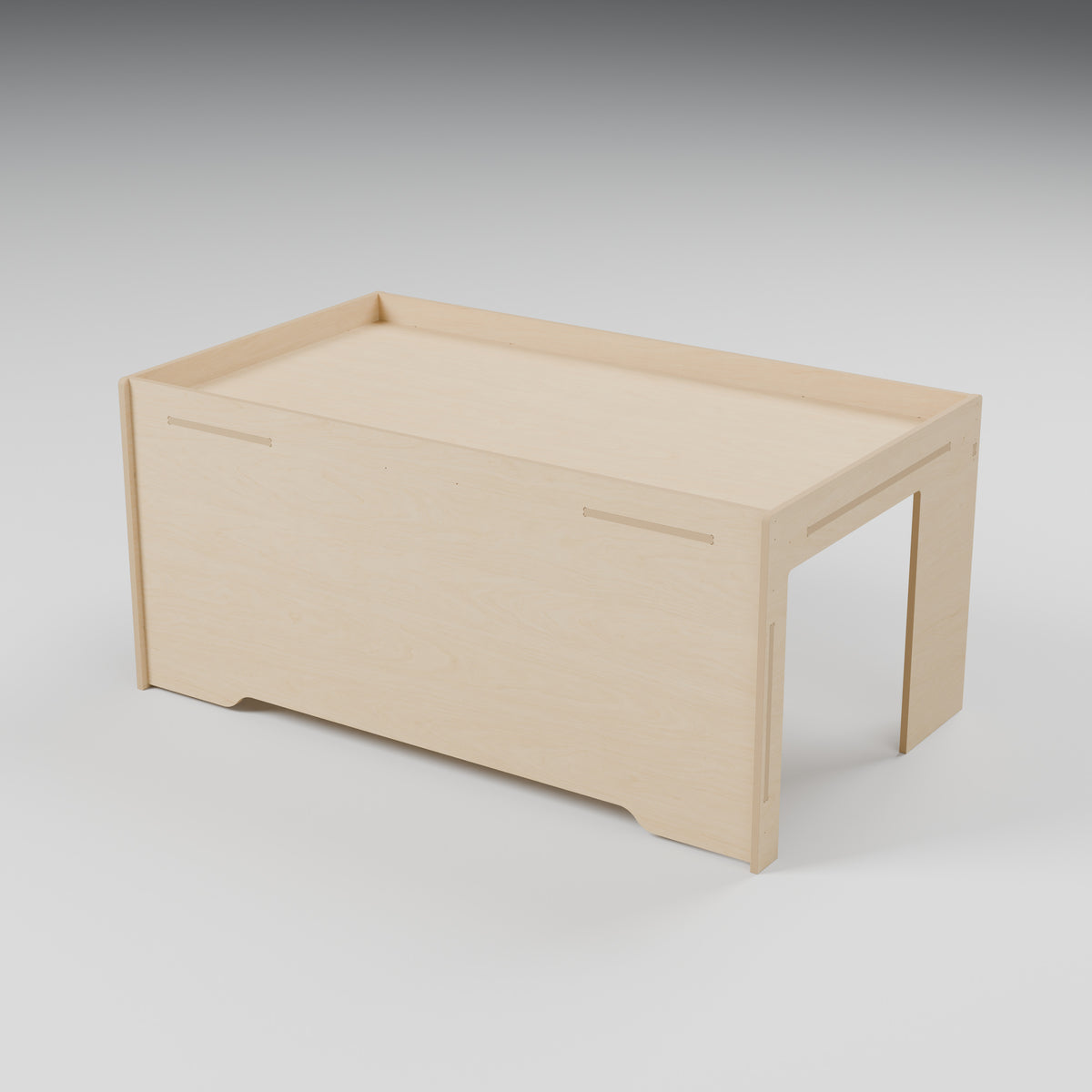 Awning Box with 50 mm top tray, Revision C, solid front panel - Natural plywood awning box with solid front, original-size side arches and 50 mm top lip