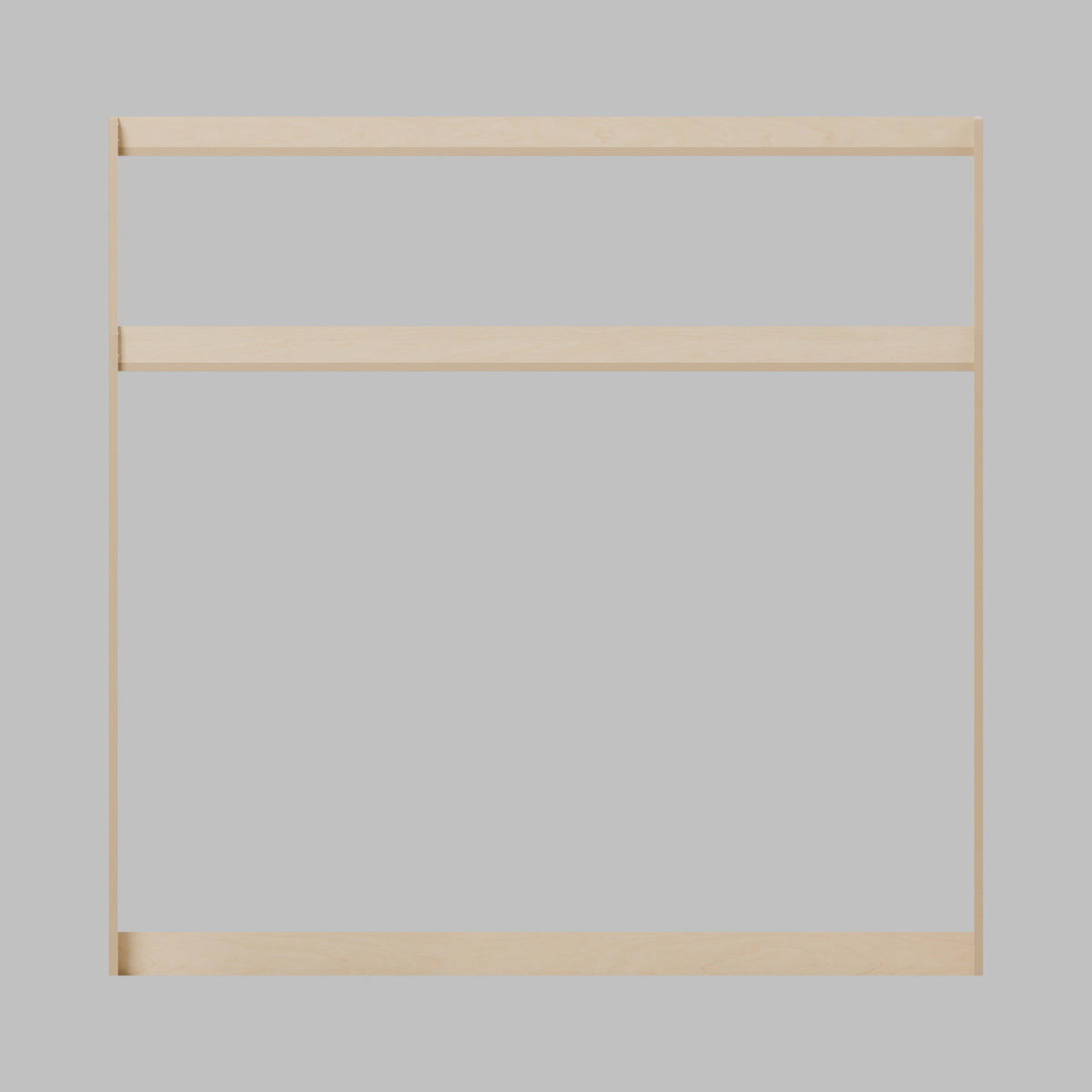 Bulkhead van storage rack - Front view; full-height end panels, floor-open left cutout and open lower bay - Revision C, 1180 mm high