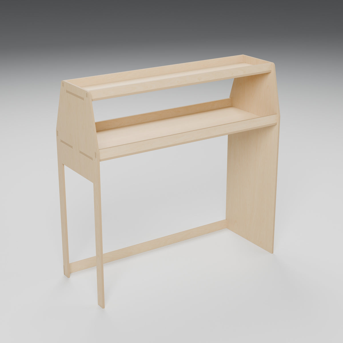 Bulkhead van storage rack - Natural plywood bulkhead rack with two fixed shelves and floor-open left access - Revision C, 1180 mm high