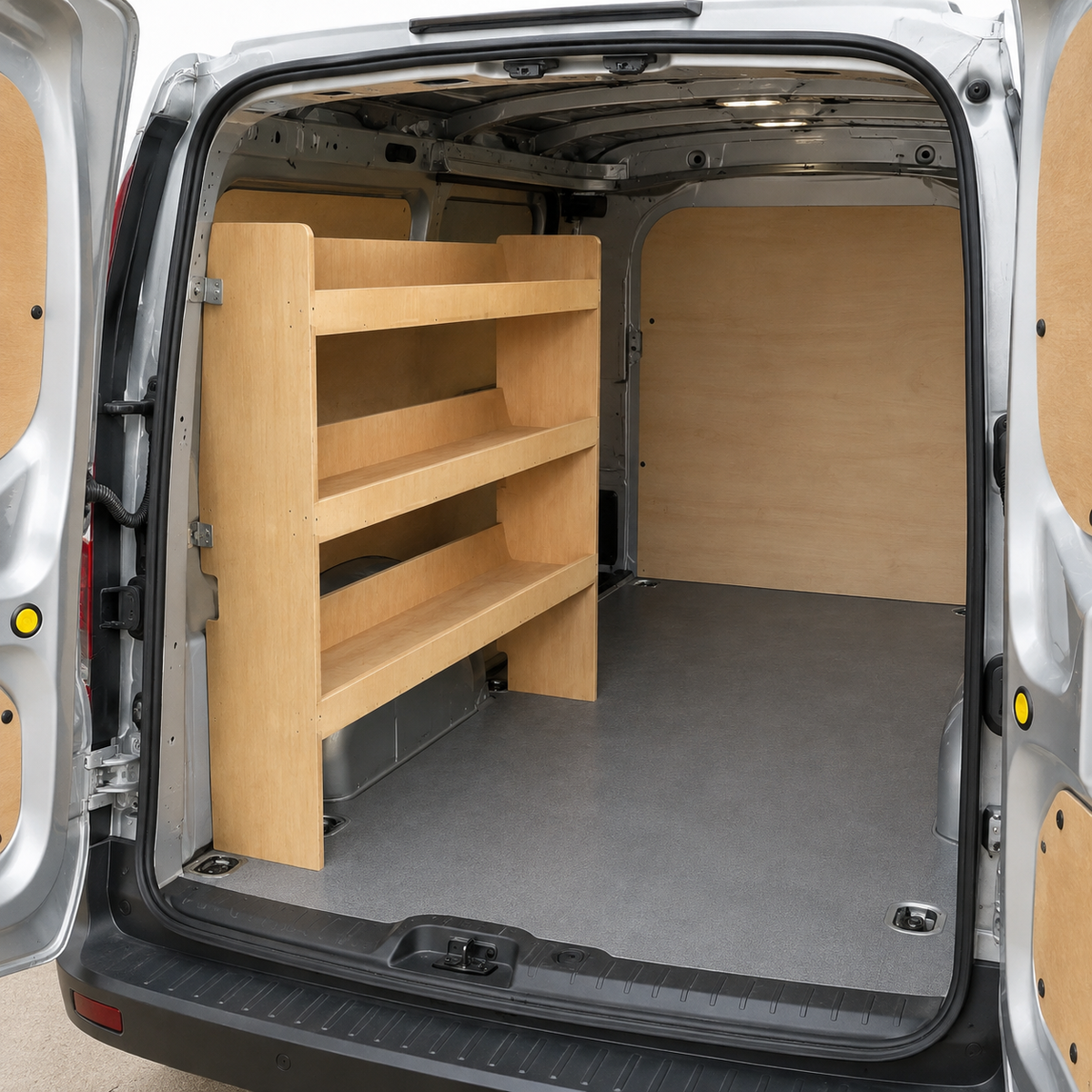 Ford Transit Connect plywood side racking shelving unit installed in van