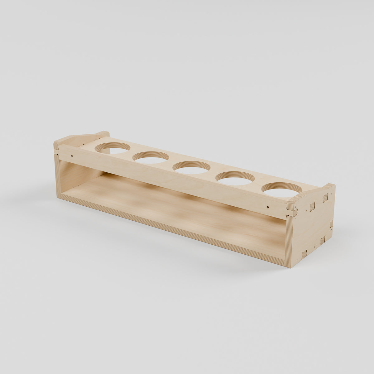 GRID Aerosol Can Holder - 5-Can Plywood Storage Rack - Open rear beneath the upper rail; two mounting through-holes and no hooks. - Revision B