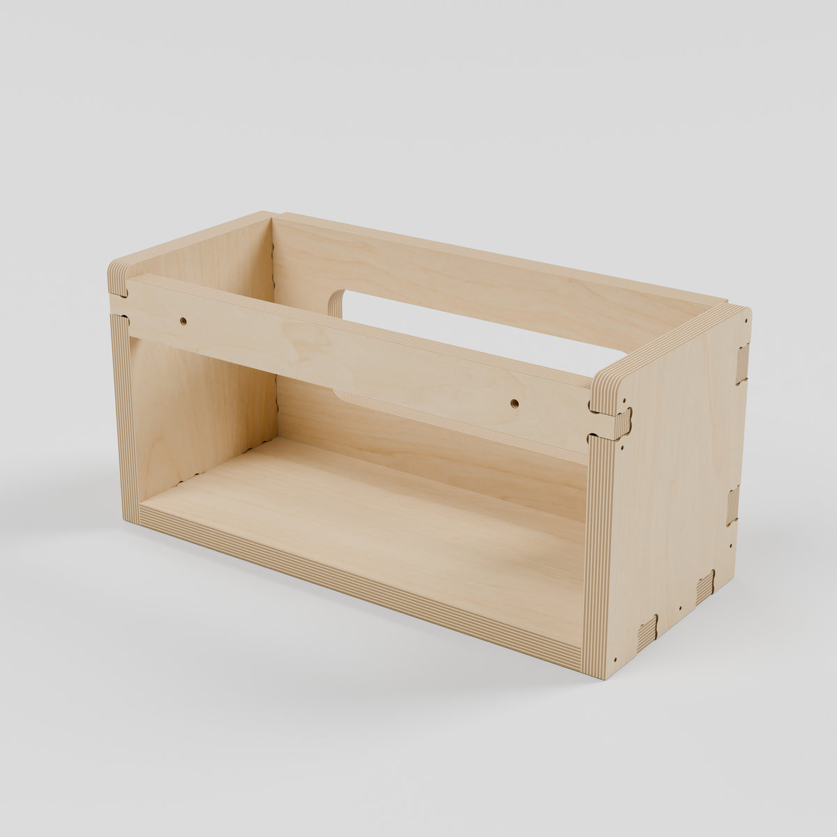 GRID Glove Box Holder - Plywood Wall-Mounted Dispenser - Open rear beneath the upper rail; two mounting through-holes and no hooks. - Revision B