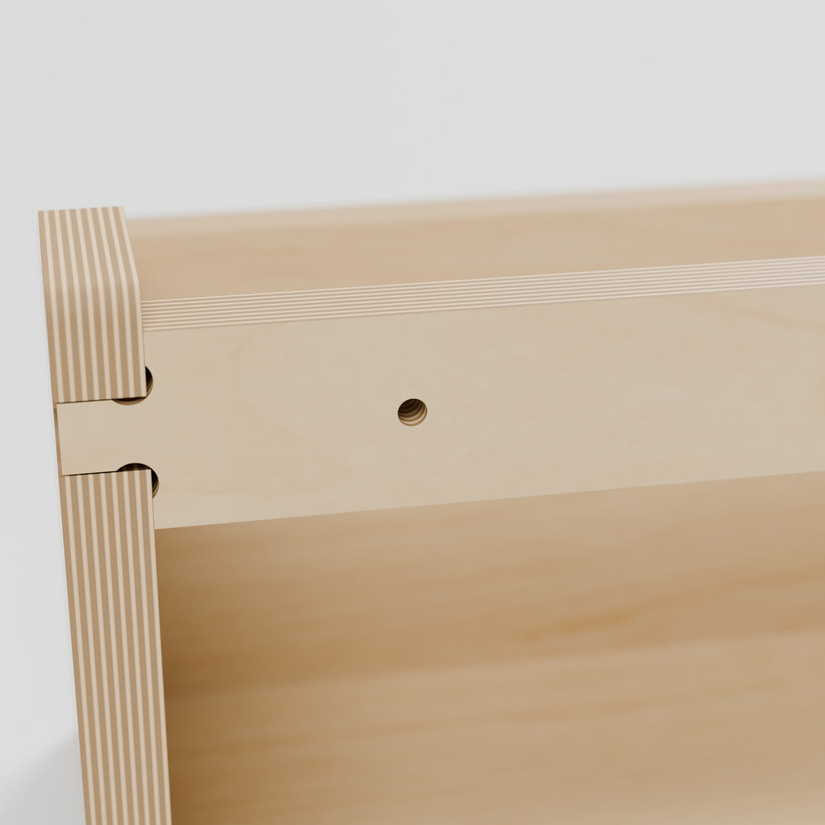 GRID Sloped Storage Box - Natural Plywood Wall Organiser - 4 mm through-hole in the upper rear mounting rail. - Revision B