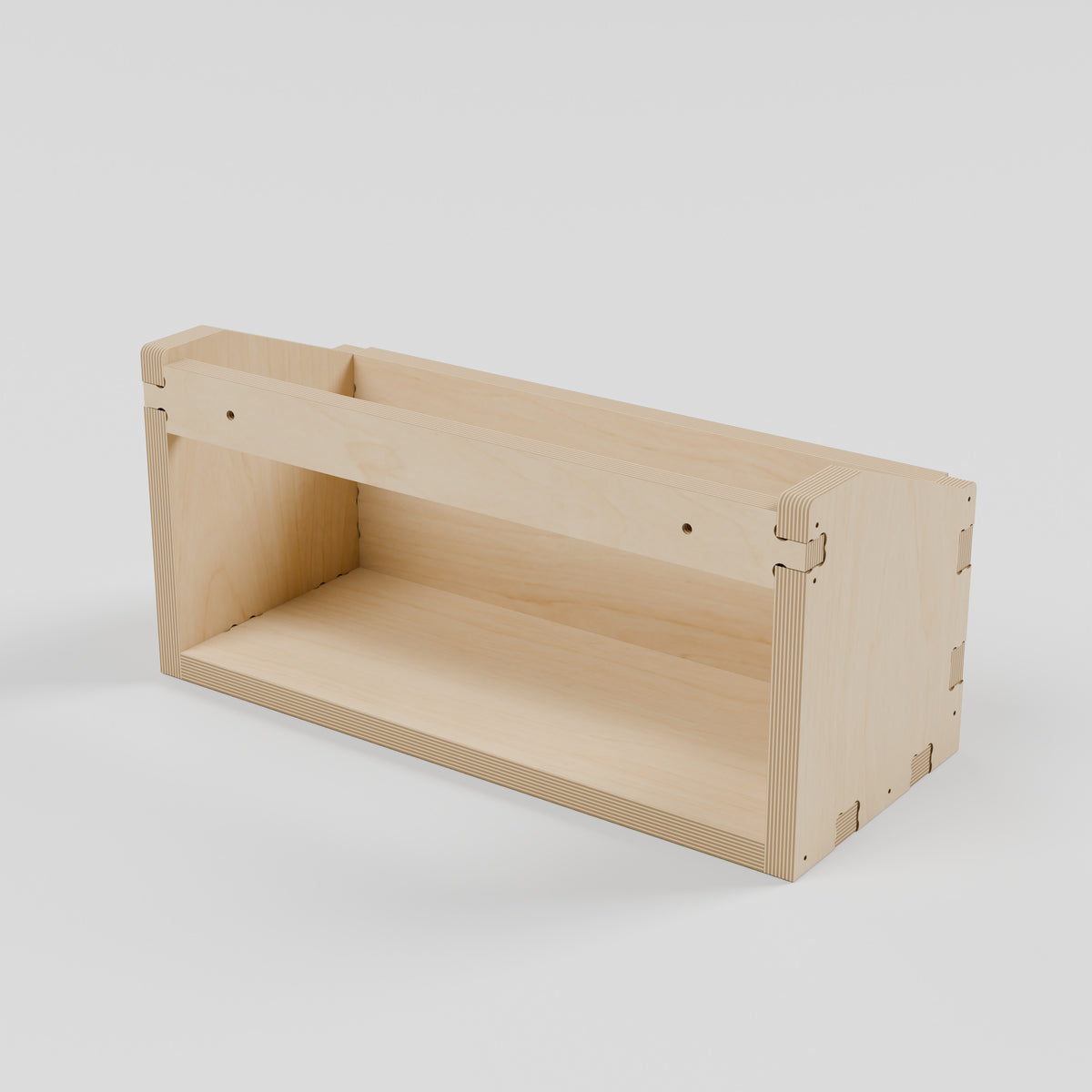 GRID Sloped Storage Box - Natural Plywood Wall Organiser - Open rear beneath the upper rail; two mounting through-holes and no hooks. - Revision B