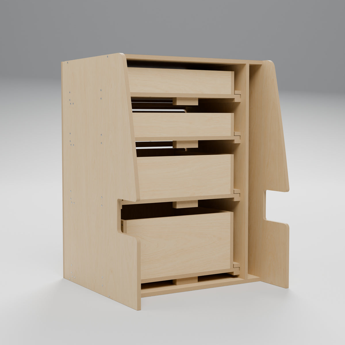 MODLINE DRAW 550 Four-Drawer Tool Module: interior cutaway, natural 12 mm birch plywood, 550 x 520 x 726 mm