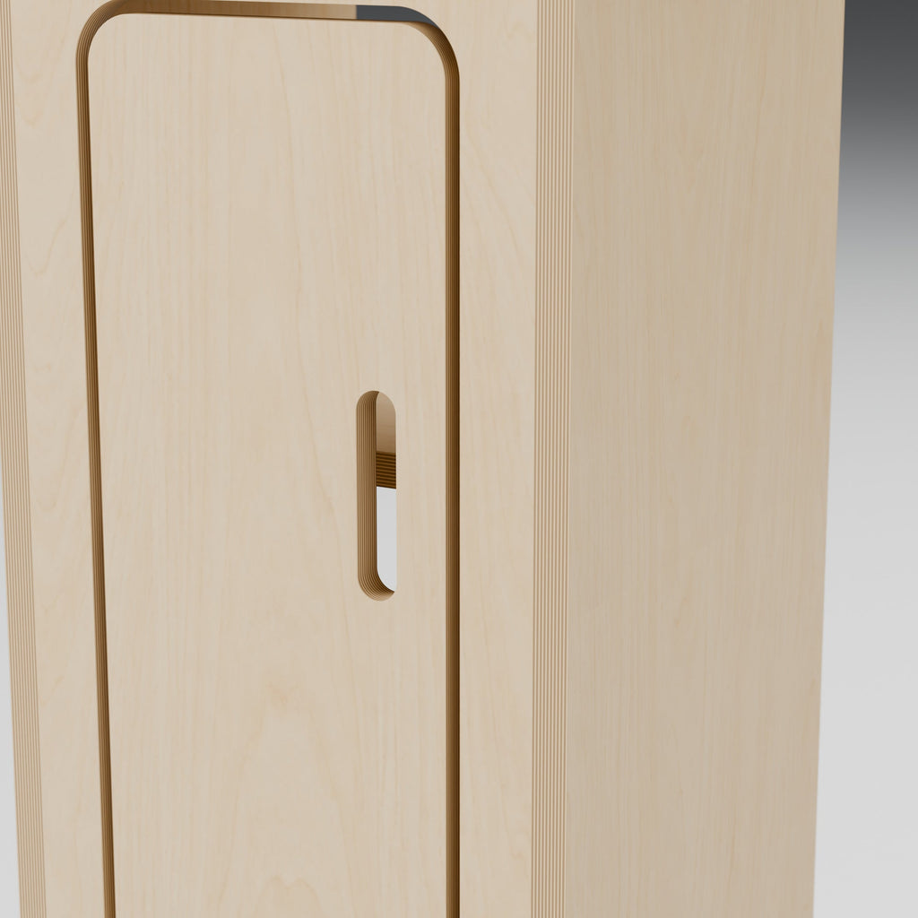 NOMAD 300 - NOMAD 300 Slim Campervan Cupboard - Compact Storage Tower: detail 3D render, natural 15mm plywood, 300 x 300 x 850mm