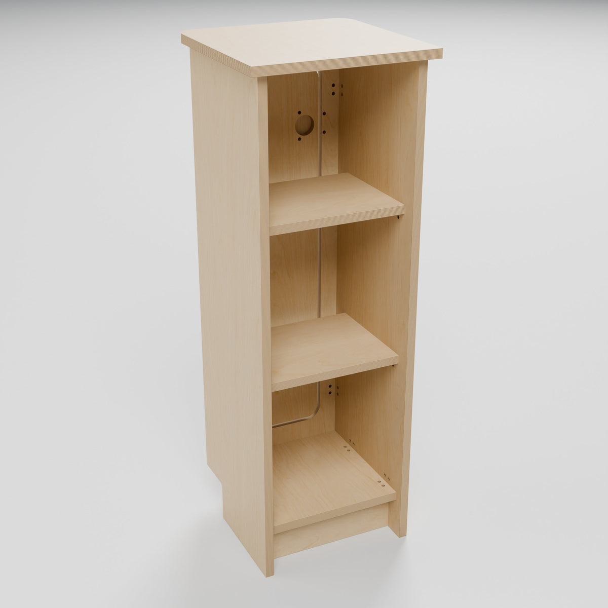 NOMAD 300 - NOMAD 300 Slim Campervan Cupboard - Compact Storage Tower: interior 3D render, natural 15mm plywood, 300 x 300 x 850mm