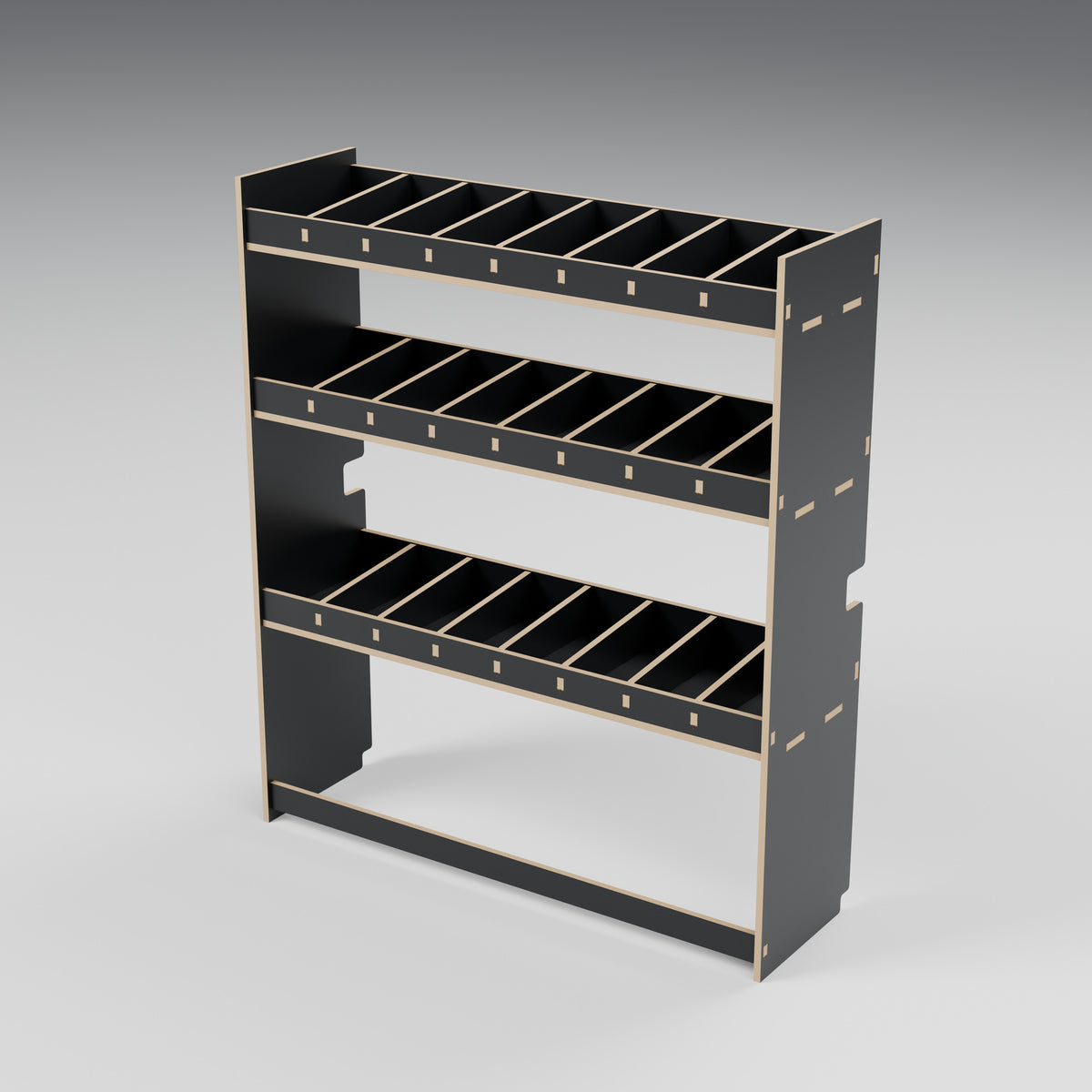 CONTOUR Bulkhead Bin Rack — Bulkhead — Black hex phenolic plywood - three-quarter view — Revision D