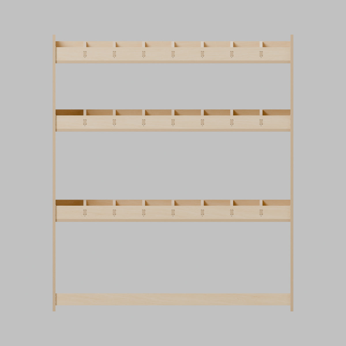 CONTOUR Bulkhead Bin Rack — Bulkhead — Front view - fixed shelves and retaining lips — Revision D