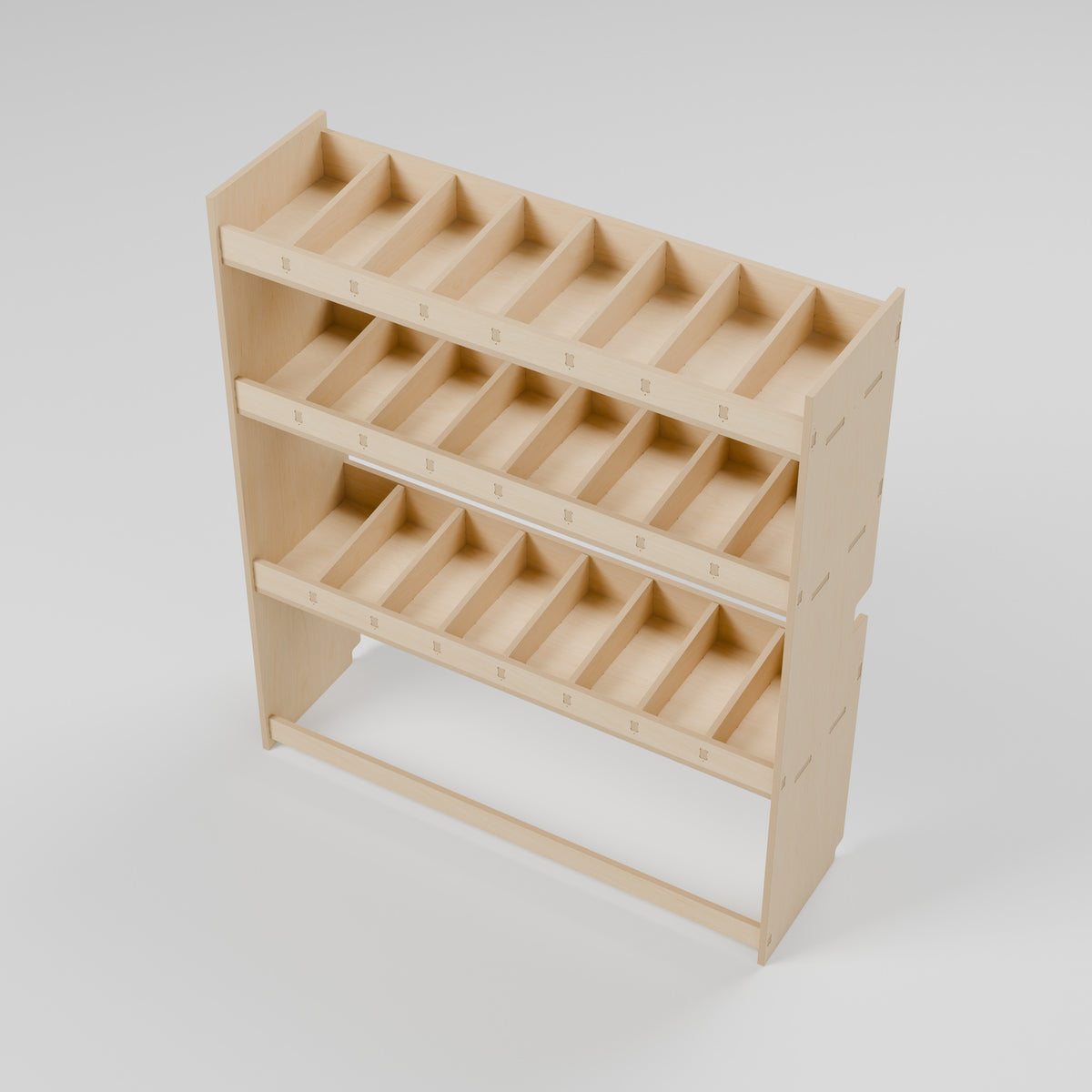 CONTOUR Bulkhead Bin Rack — Bulkhead — Elevated view - shelf depths and storage compartments — Revision D