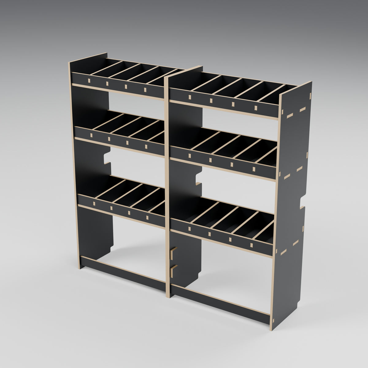 CONTOUR Double-Cab Bulkhead Bin Rack — Bulkhead — Black hex phenolic plywood - three-quarter view — Revision D