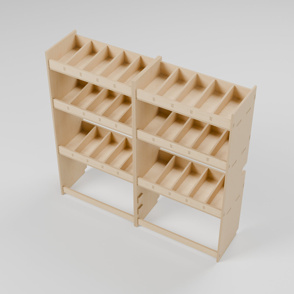 CONTOUR Double-Cab Bulkhead Bin Rack — Bulkhead — Elevated view - shelf depths and storage compartments — Revision D