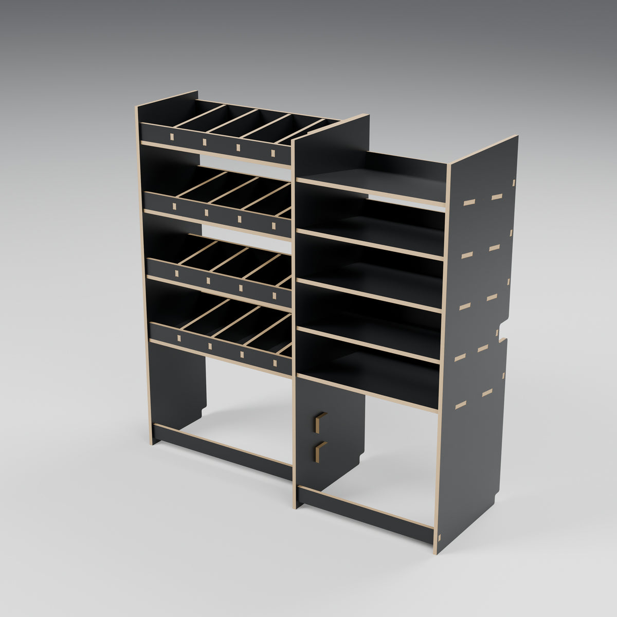 CONTOUR Double-Cab Bulkhead Mixed Rack — Bulkhead — Black hex phenolic plywood - three-quarter view — Revision D
