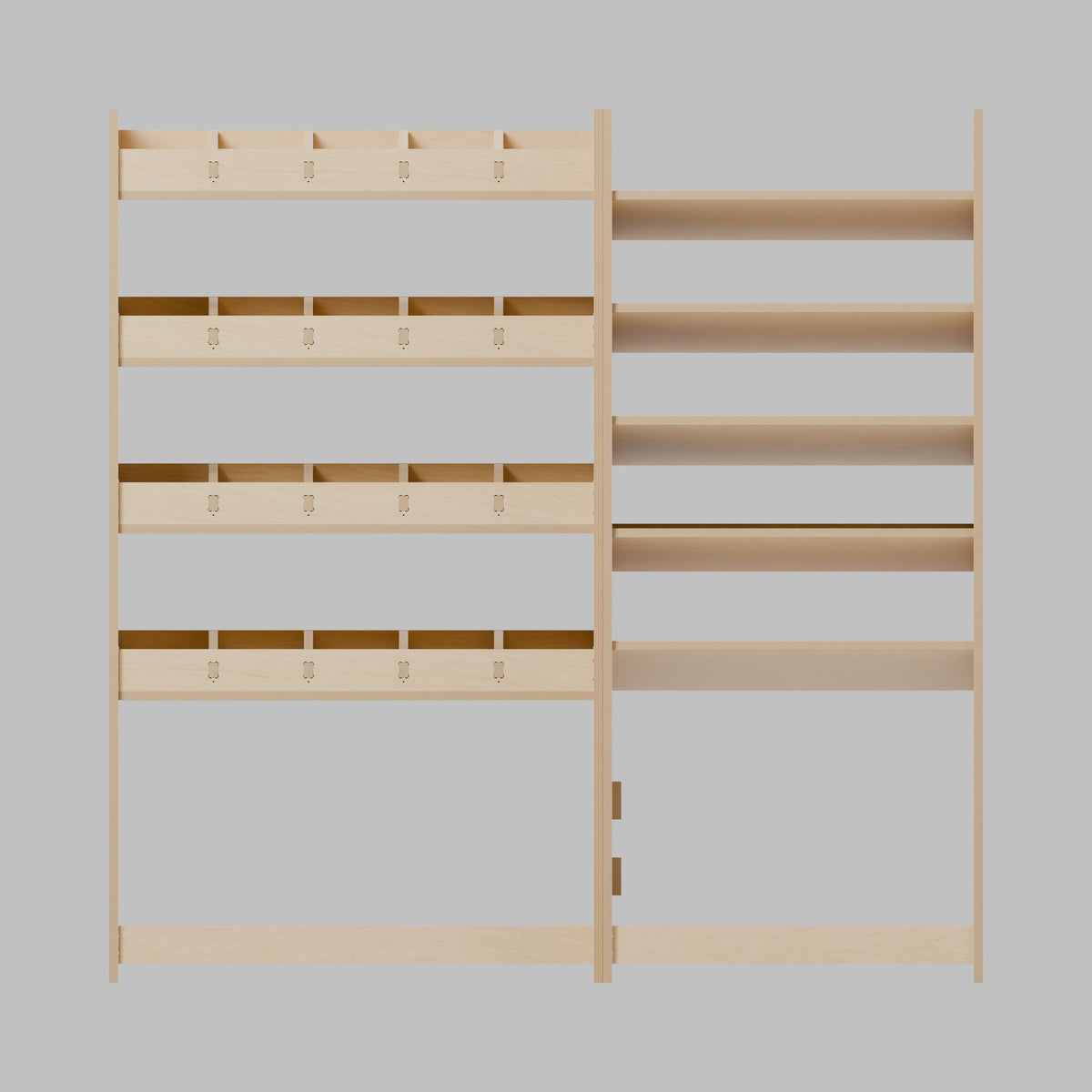 CONTOUR Double-Cab Bulkhead Mixed Rack — Bulkhead — Front view - fixed shelves and retaining lips — Revision D