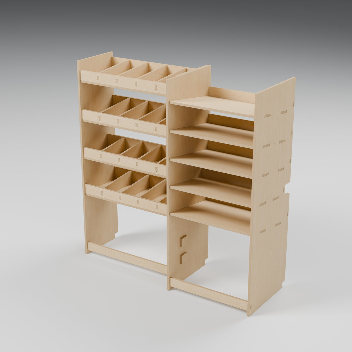 CONTOUR Double-Cab Bulkhead Mixed Rack — Bulkhead — Natural plywood fixed shelving - three-quarter view — Revision D