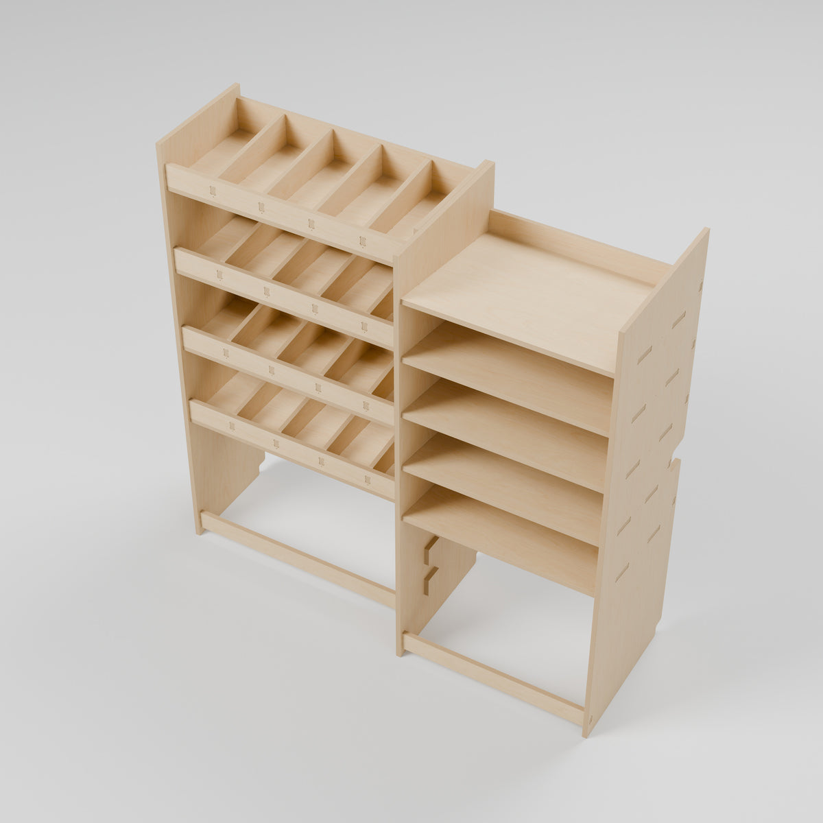 CONTOUR Double-Cab Bulkhead Mixed Rack — Bulkhead — Elevated view - shelf depths and storage compartments — Revision D