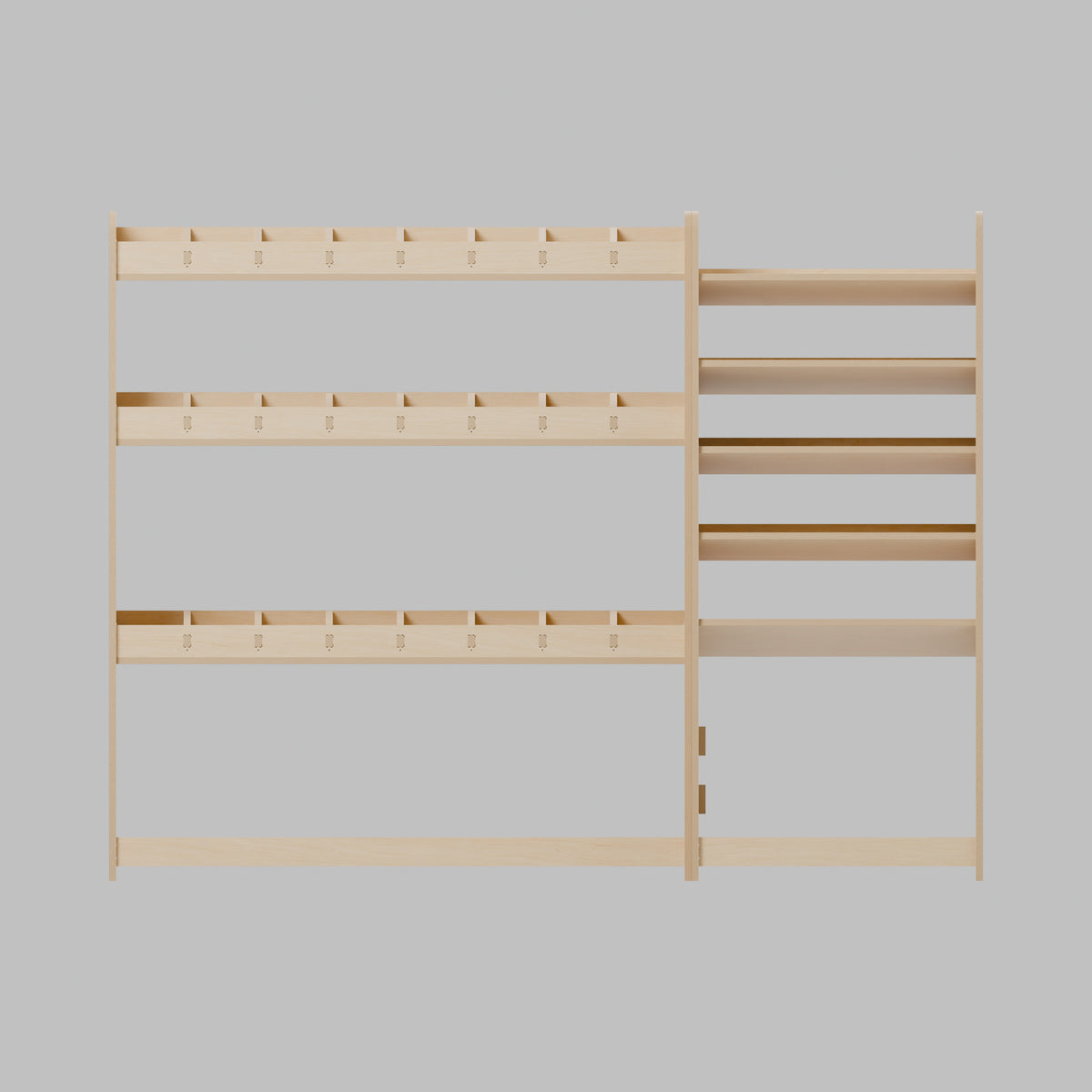 CONTOUR Double-Cab LWB Mixed Rack — Nearside — Front view - fixed shelves and retaining lips — Revision D