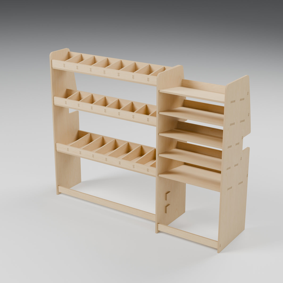 CONTOUR Double-Cab LWB Mixed Rack — Nearside — Natural plywood fixed shelving - three-quarter view — Revision D