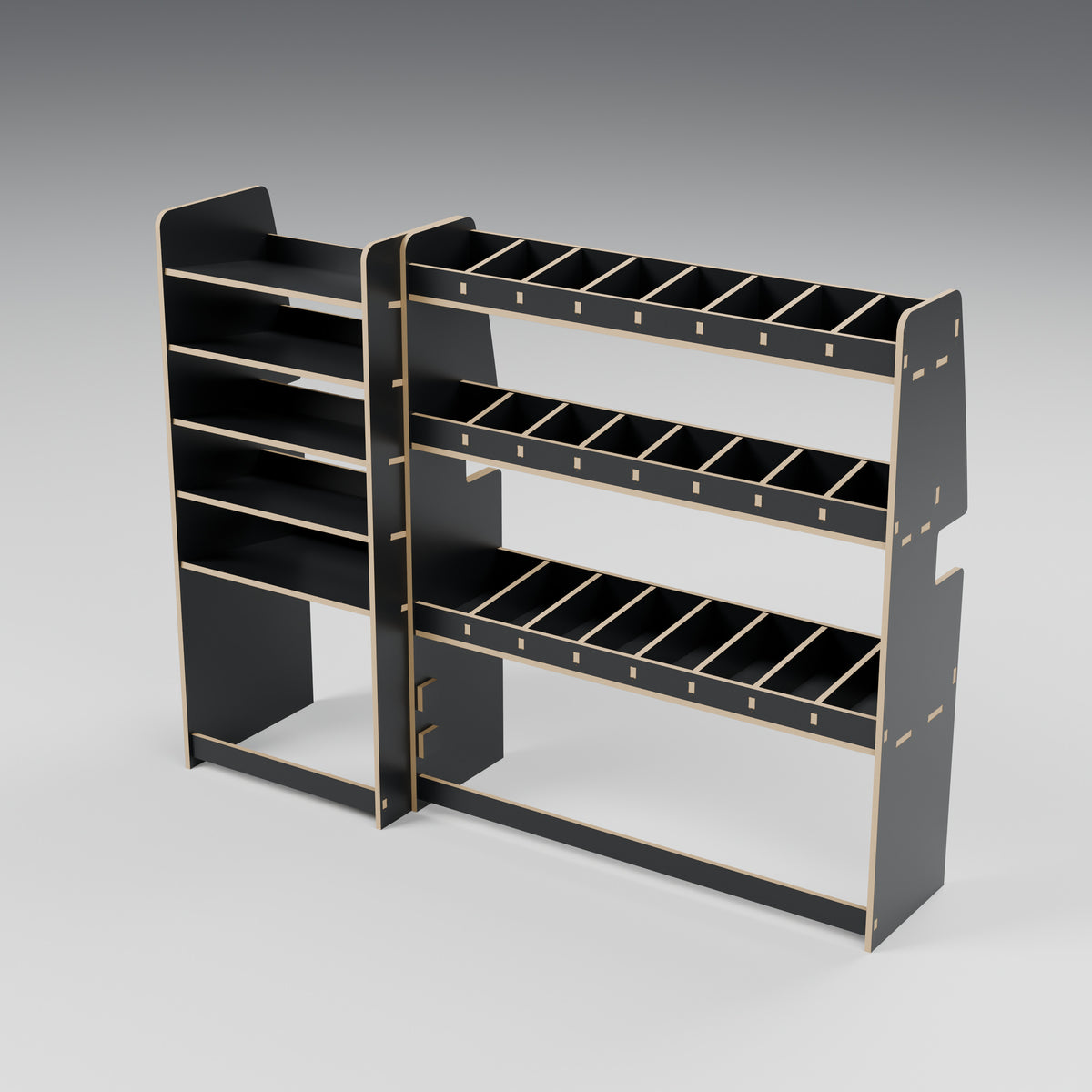 CONTOUR Double-Cab LWB Mixed Rack — Offside — Black hex phenolic plywood - three-quarter view — Revision D