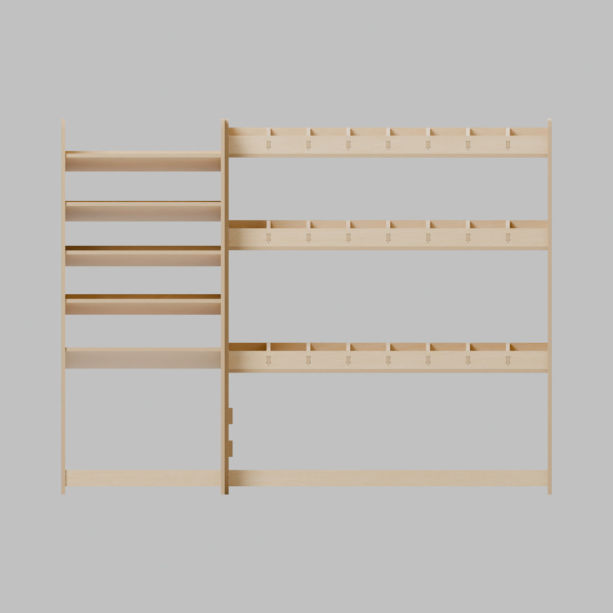 CONTOUR Double-Cab LWB Mixed Rack — Offside — Front view - fixed shelves and retaining lips — Revision D