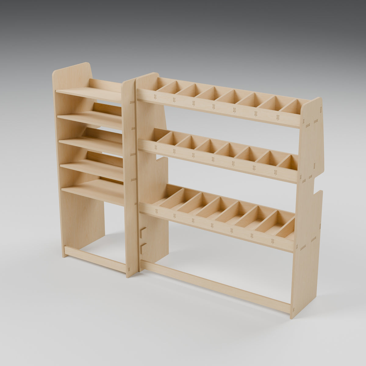 CONTOUR Double-Cab LWB Mixed Rack — Offside — Natural plywood fixed shelving - three-quarter view — Revision D