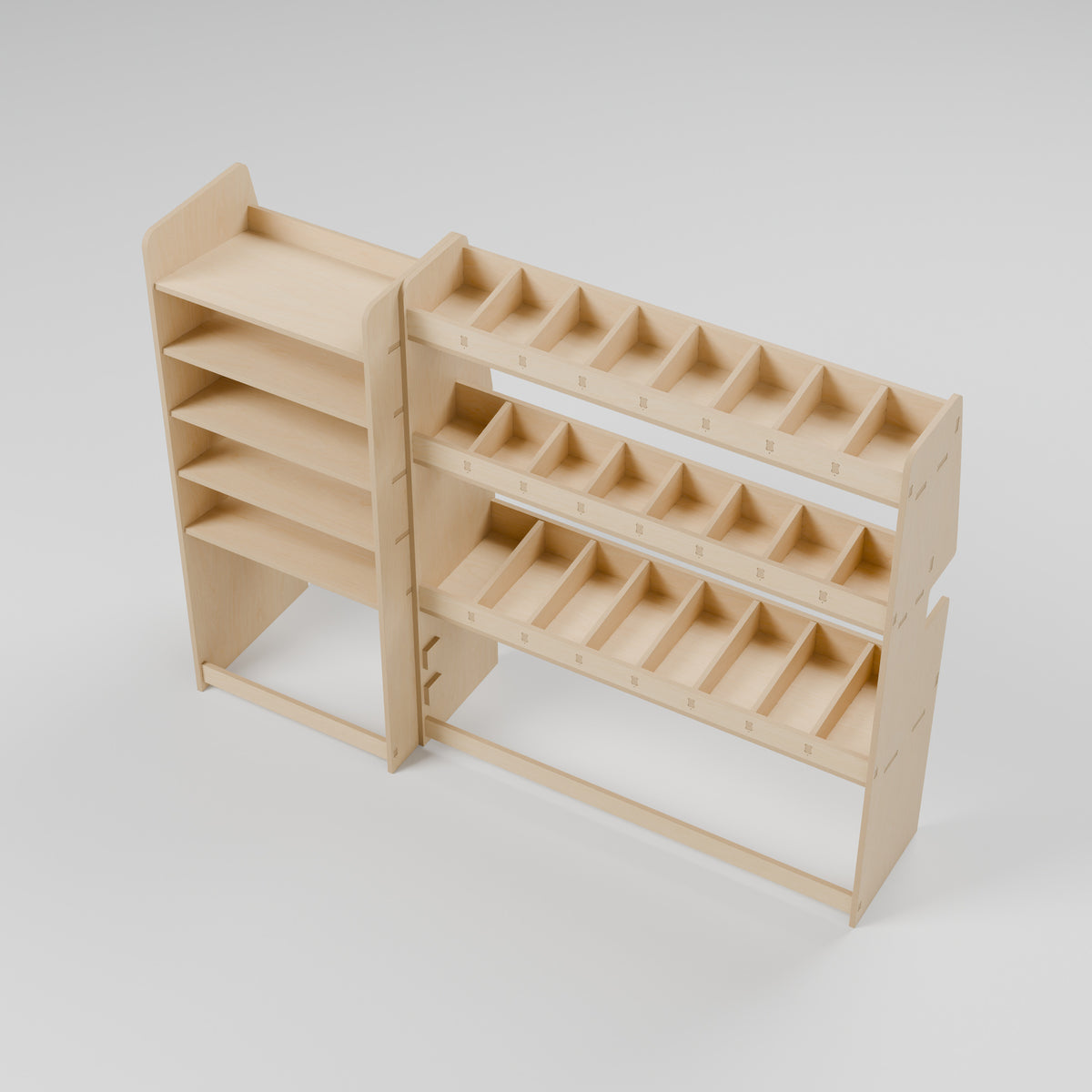 CONTOUR Double-Cab LWB Mixed Rack — Offside — Elevated view - shelf depths and storage compartments — Revision D