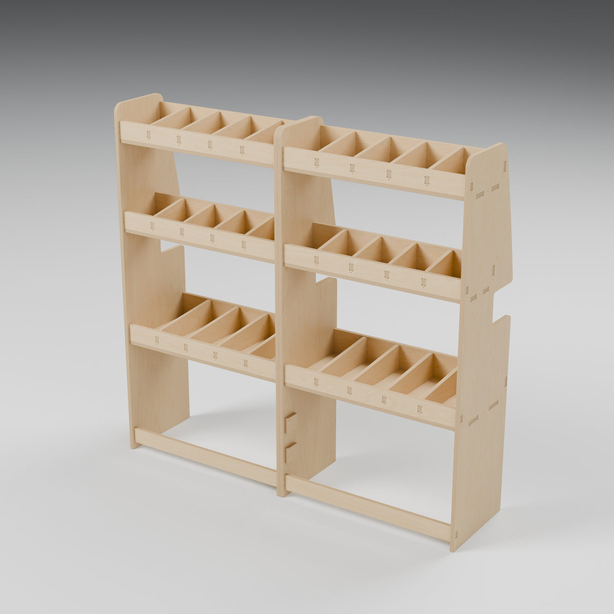 CONTOUR Double-Cab LWB Side Rack — Offside — Natural plywood fixed shelving - three-quarter view — Revision D