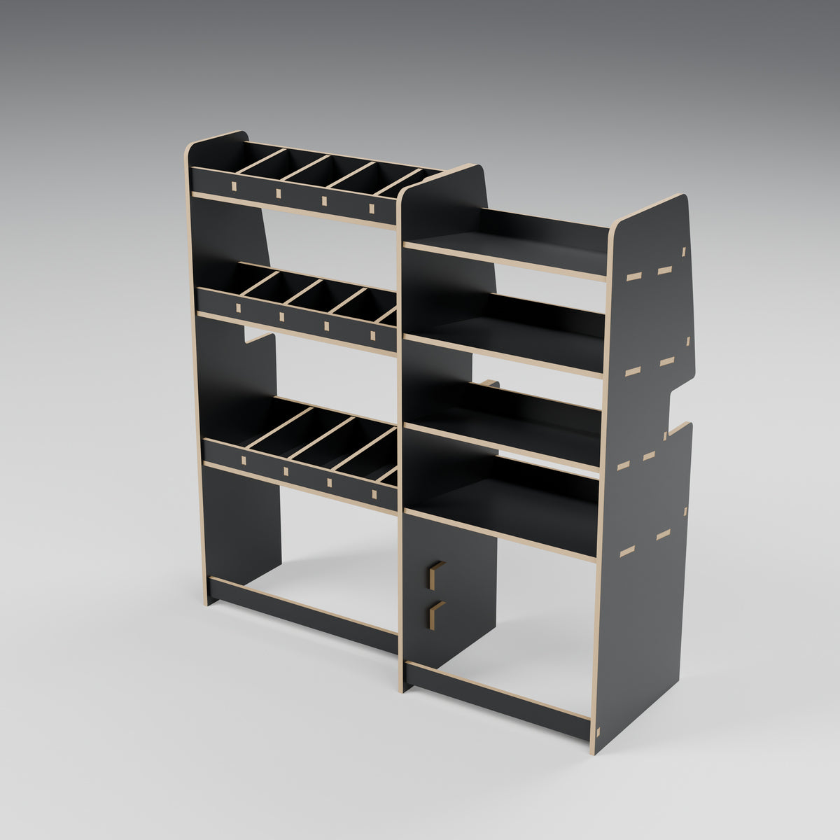 CONTOUR Double-Cab SWB Mixed Rack — Nearside — Black hex phenolic plywood - three-quarter view — Revision D