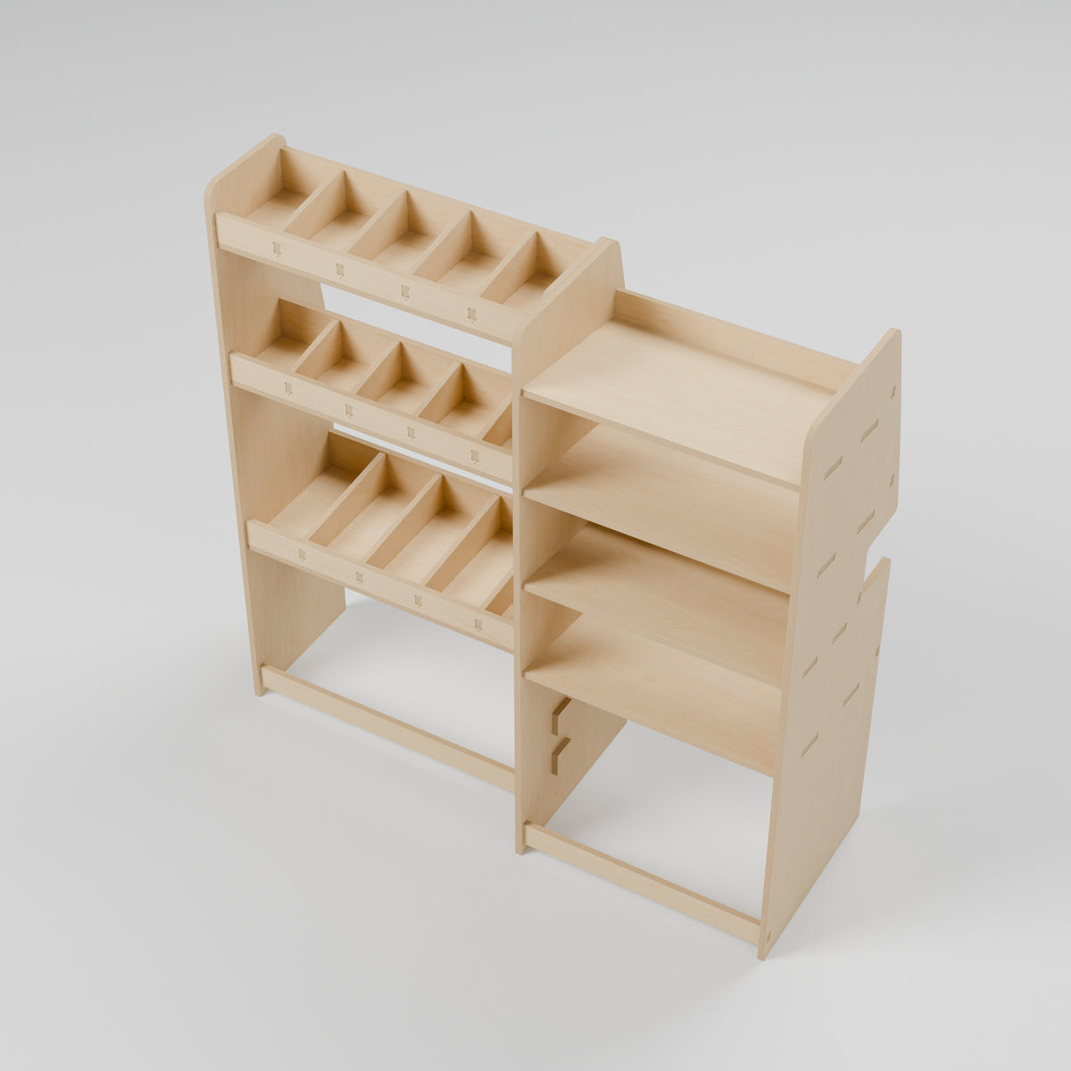 CONTOUR Double-Cab SWB Mixed Rack — Nearside — Elevated view - shelf depths and storage compartments — Revision D