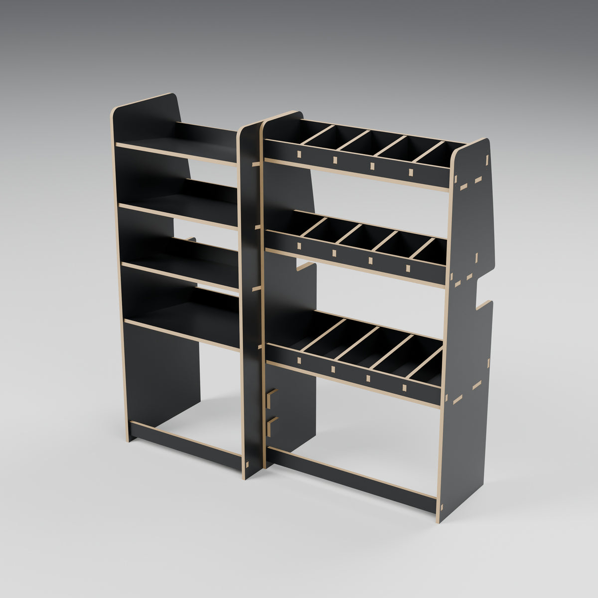 CONTOUR Double-Cab SWB Mixed Rack — Offside — Black hex phenolic plywood - three-quarter view — Revision D