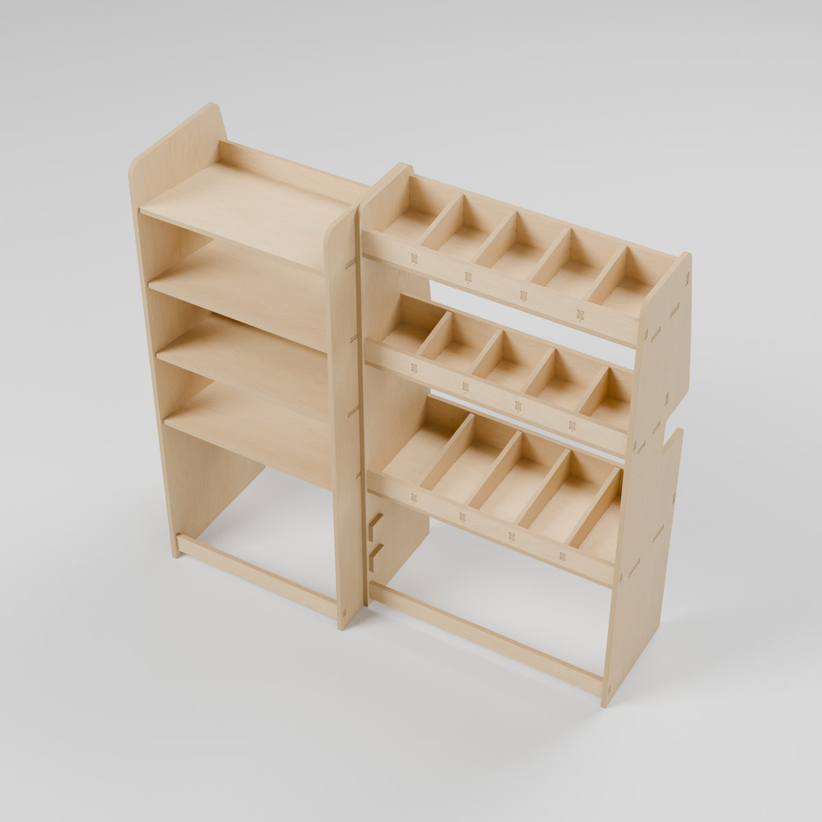 CONTOUR Double-Cab SWB Mixed Rack — Offside — Elevated view - shelf depths and storage compartments — Revision D