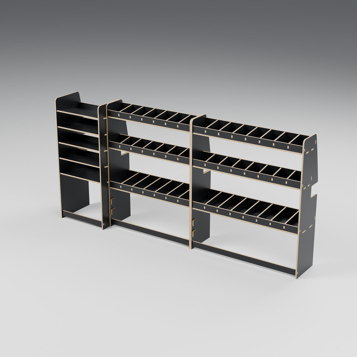 CONTOUR LWB Compact Case + Bin Rack — Offside — Black hex phenolic plywood - three-quarter view — Revision D
