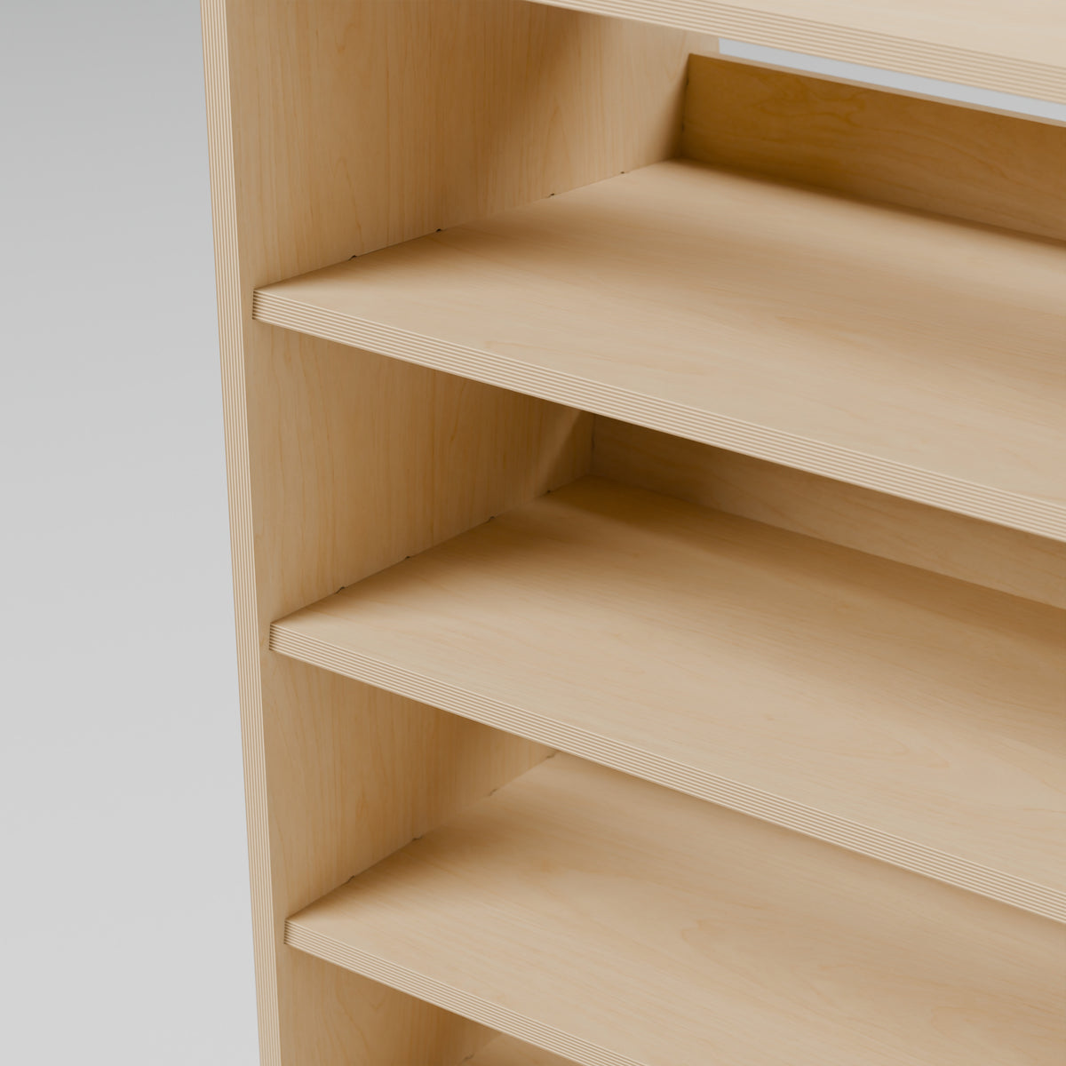 CONTOUR LWB Compact Case + Bin Rack — Offside — Plywood edges and fixed shelf construction — Revision D