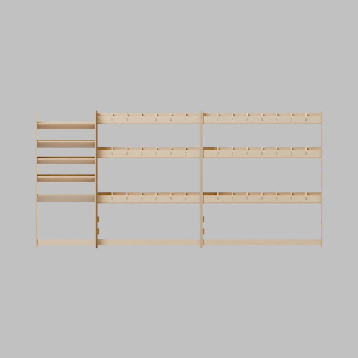 CONTOUR LWB Compact Case + Bin Rack — Offside — Front view - fixed shelves and retaining lips — Revision D