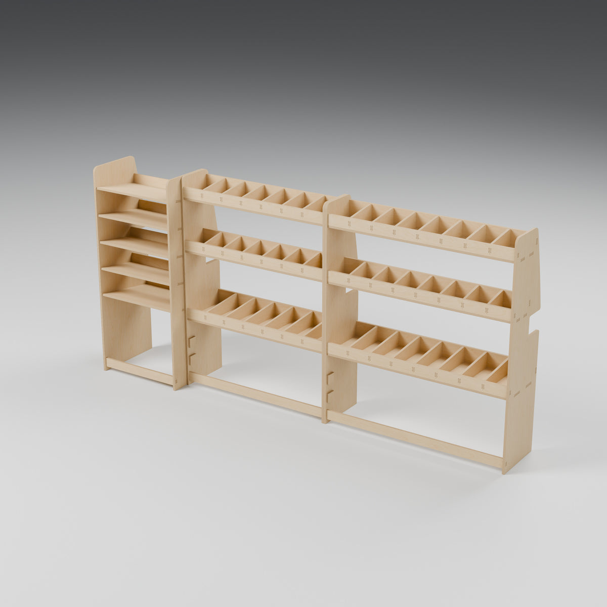 CONTOUR LWB Compact Case + Bin Rack — Offside — Natural plywood fixed shelving - three-quarter view — Revision D