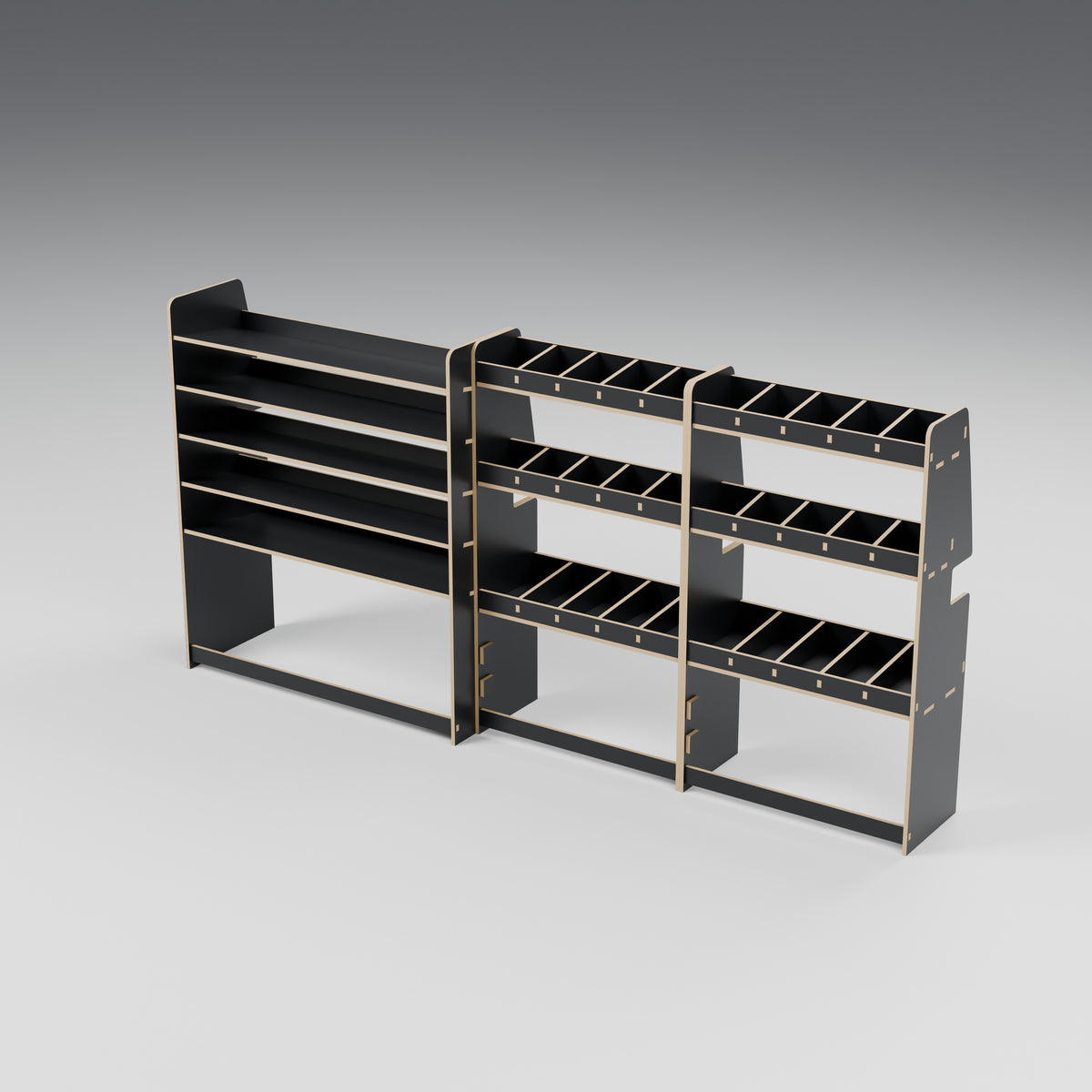 CONTOUR LWB Wide Case + Bin Rack — Offside — Black hex phenolic plywood - three-quarter view — Revision D