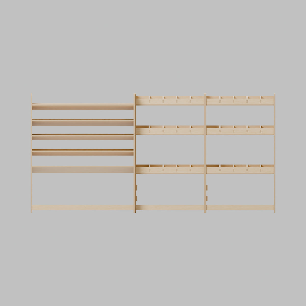 CONTOUR LWB Wide Case + Bin Rack — Offside — Front view - fixed shelves and retaining lips — Revision D