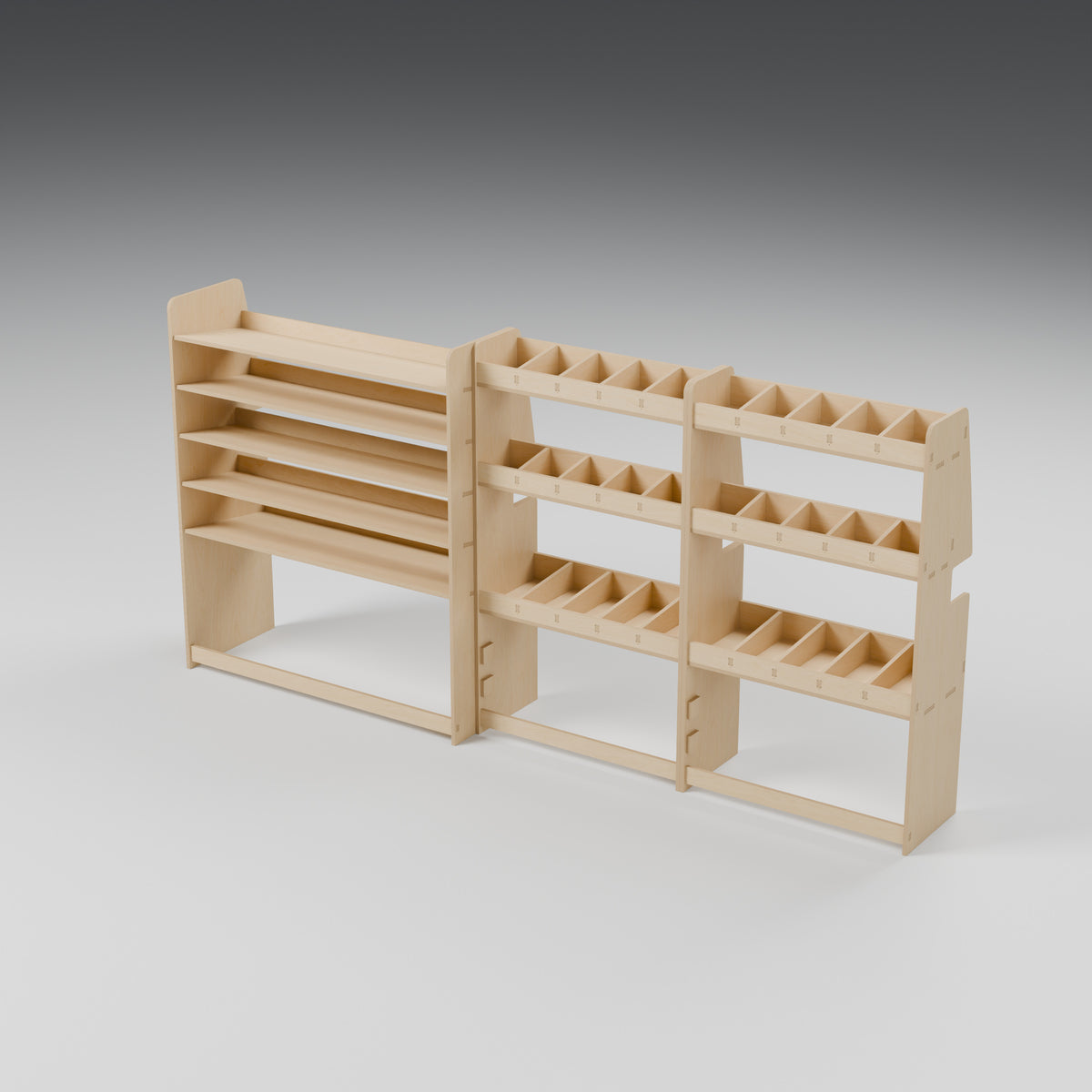 CONTOUR LWB Wide Case + Bin Rack — Offside — Natural plywood fixed shelving - three-quarter view — Revision D