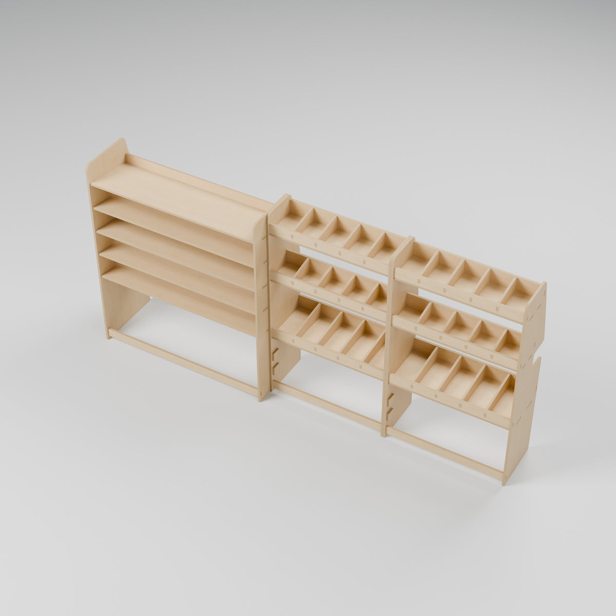 CONTOUR LWB Wide Case + Bin Rack — Offside — Elevated view - shelf depths and storage compartments — Revision D