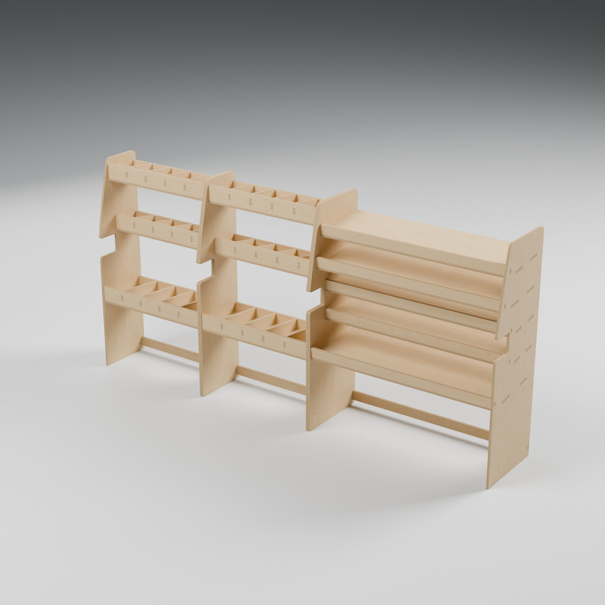 CONTOUR LWB Wide Case + Bin Rack — Offside — Rear view - open backs and supplied vehicle contours — Revision D