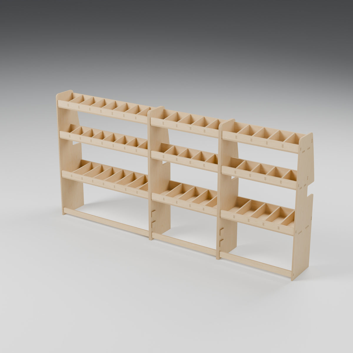 CONTOUR LWB Full Side Rack — Offside — Natural plywood fixed shelving - three-quarter view — Revision D